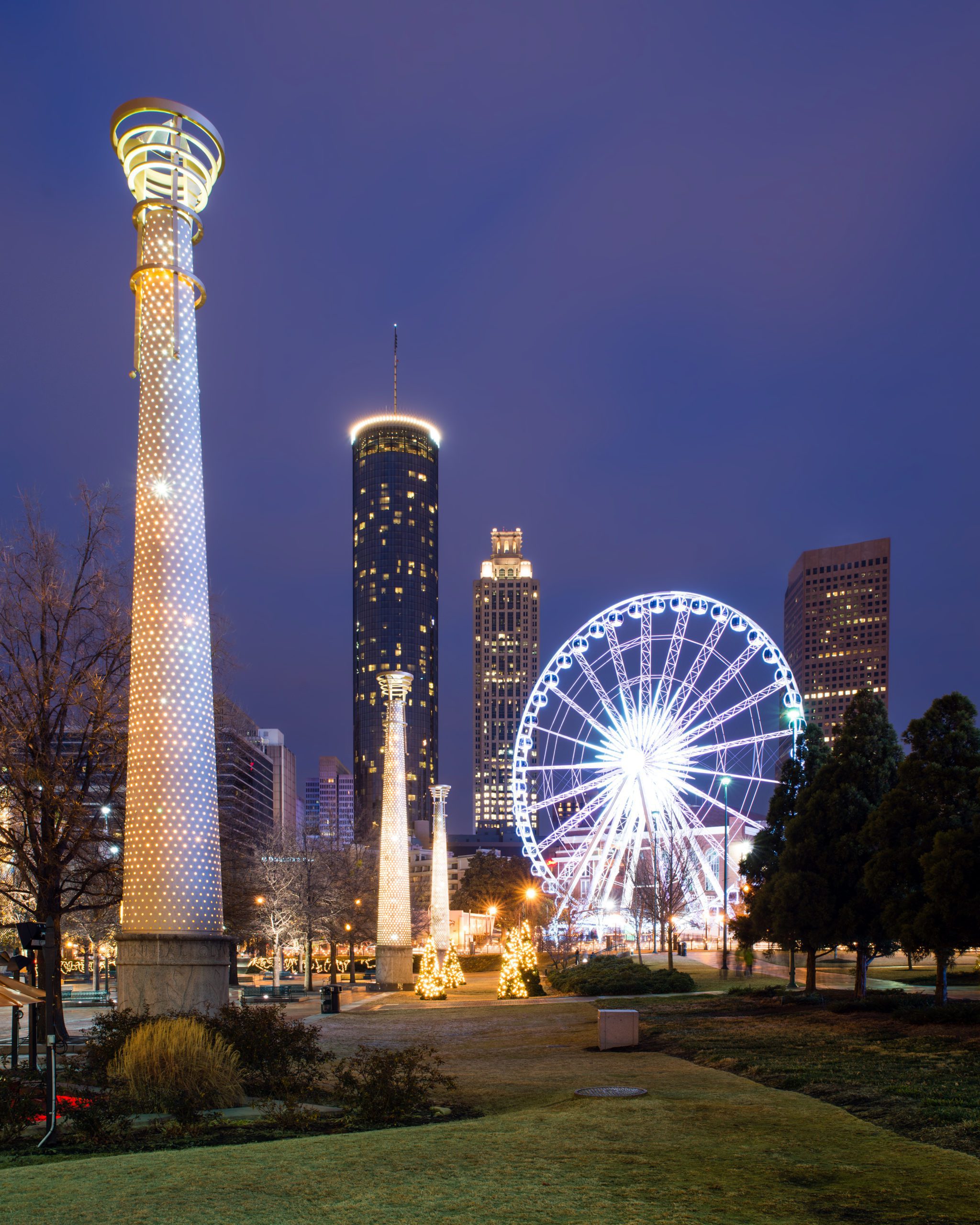 Light Tower Architectural Sculptures and Sky View Atlanta Ferris Wheel
