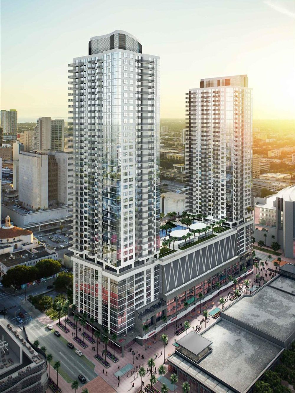 Caoba Tower Façade Treatment, Sunset Rendering